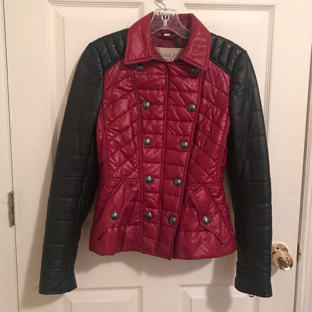 Burberry red puffer & black leather moto jacket